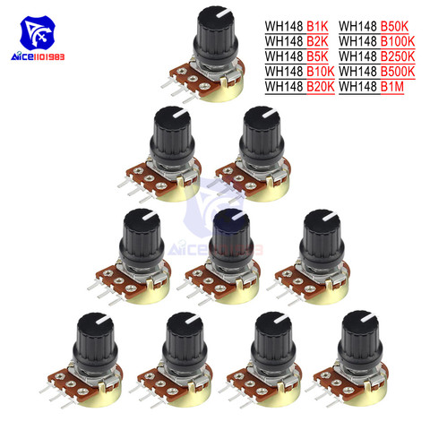 Potenciómetro diymore 1 pieza Resistor 1K 5K 10K 20K 50K 100K 500K Ohm 3 pines potenciómetro rotativo de conicidad lineal para Arduino con tapa ► Foto 1/6