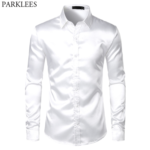 Camisa de esmoquin de seda blanca para hombre, ropa ajustada de manga larga de marca, para boda, fiesta, baile, informal, 2022 ► Foto 1/6