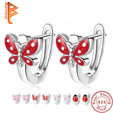 2022 joyería de plata de ley 925 pendientes y pasadores con motivos animales para niños rojo esmalte mariposa pendientes de plata niño regalo de día de San Valentín ► Foto 1/6