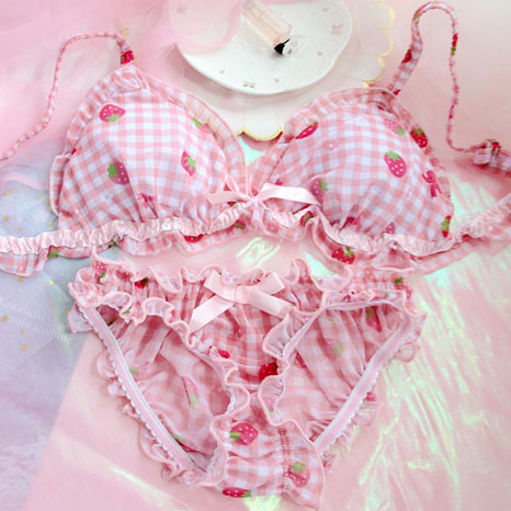 Lolita-sujetador y bragas con dibujo de fresa para mujer, conjunto de lencería, sujetadores para chica japonesa, ropa interior ► Foto 1/2