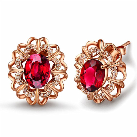 Pendientes de tuerca de cristal rojo para mujer, aretes de lujo con forma de flor hueca de Color oro rosa para boda, joyería ► Foto 1/6