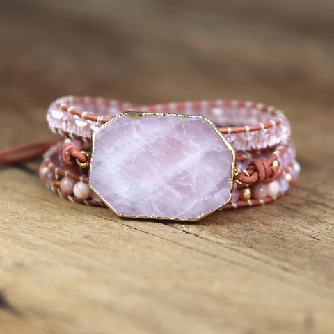 Pulsera de cuero de cuarzo rosa de 5 hebras para mujer, brazalete con cuentas de cristal, gemas, estilo bohemio, hecho a mano ► Foto 1/6