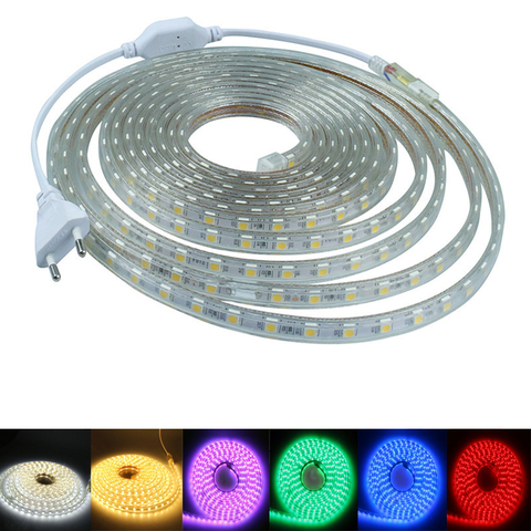 Tira de luces LED de 220V SMD, Flexible, resistente al agua, con enchufe de alimentación europeo de 60Led / M brillante que 5630 ► Foto 1/6