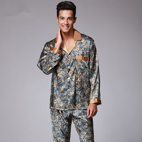 Pijamas de lujo para hombre, ropa de dormir con estampado de Cachemira, de seda de manga larga, de satén, de talla grande 4XL ► Foto 1/6
