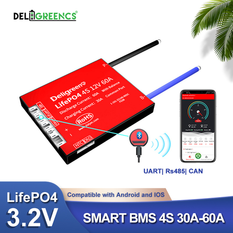 4S BMS inteligente, 12V, 30A, 40A, 60A, control por aplicación Bluetooth, RS485, para PC, 3,2 V, Lifepo4, BMS, NTC, UART ► Foto 1/6