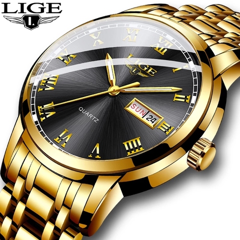 LIGE-reloj analógico de acero inoxidable para hombre, accesorio de pulsera de cuarzo resistente al agua con calendario, complemento Masculino de marca de lujo perfecto para negocios, disponible en color dorado ► Foto 1/6