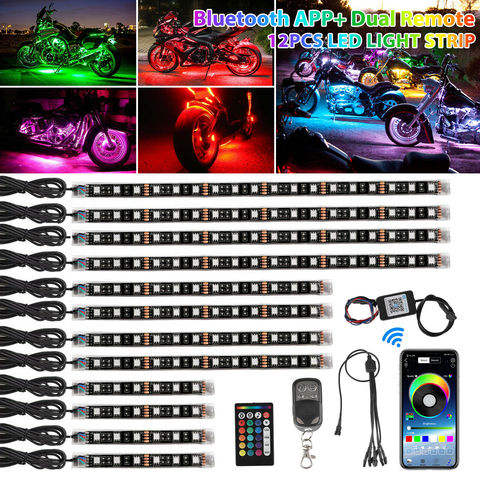 12 Uds motocicleta tira de neón lámpara LED RGB Multicolor bajo brillo luces aplicación remota Control 5050SMD LED coche decorativo Luz de tira ► Foto 1/6