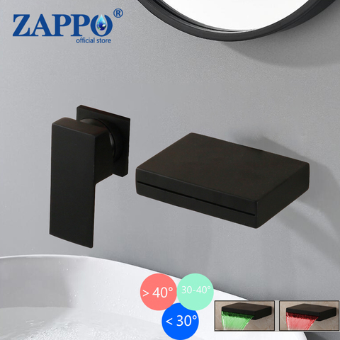 ZAPPO-Mezclador de lavabo para baño, montaje en pared, LED, grifo para bañera y llave, latón sólido negro mate, cascada ► Foto 1/6