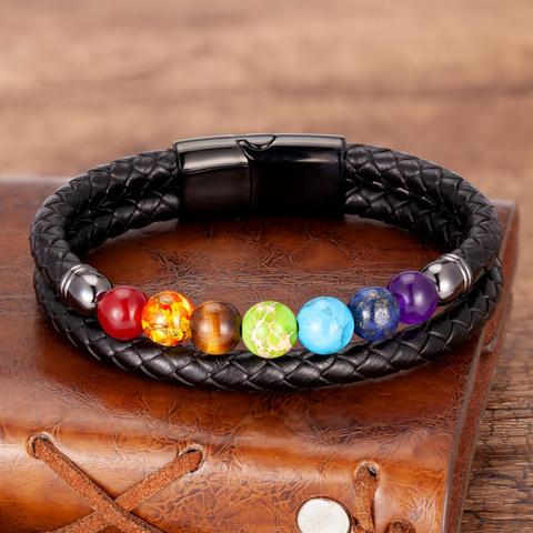 Nuevo Chakra pulsera de los hombres, 7 Color Natural Yoga curación piedra, Pulseras de cuero negro, hombres joyería regalos ► Foto 1/6