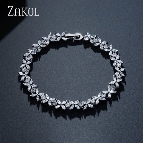 ZAKOL-pulsera de eslabones y cadena de circonia cúbica para mujer, brazalete con cadena, color Blanco clásico, MARQUESA, flor, novia, boda, FSBP094 ► Foto 1/6