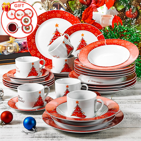 VEWEET-Vajilla de porcelana de diseño navideño con 30 piezas, conjunto con tazas, platos de postre, platos de sopa, platos de cena ► Foto 1/6