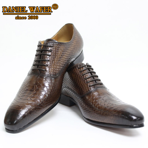 Zapatos de cuero para hombre, estampados de piel de serpiente, vestido de negocios para hombre, estilo clásico, color café, negro, con cordones, zapatos de punta estrecha para hombre, zapatos Oxford ► Foto 1/6