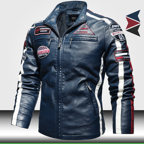 Chaqueta de motociclista Vintage 2022 para hombre, nueva chaqueta de cuero de motociclista, chaqueta Bomber bordada para hombre, abrigo de lana de invierno de Pu ► Foto 1/6