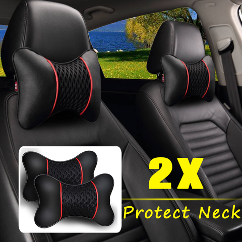 Almohadas de cuero sintético para reposacabezas de coche, cojín para descanso del cuello, accesorios de asiento, decoración Universal, color negro, 2 uds. ► Foto 1/6