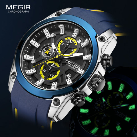 MEGIR-Pulsera de lujo para hombres, reloj deportivo masculino, de estilo militar, impermeable, con correa azul de silicona, luminoso, de marca superior, a la moda ► Foto 1/6