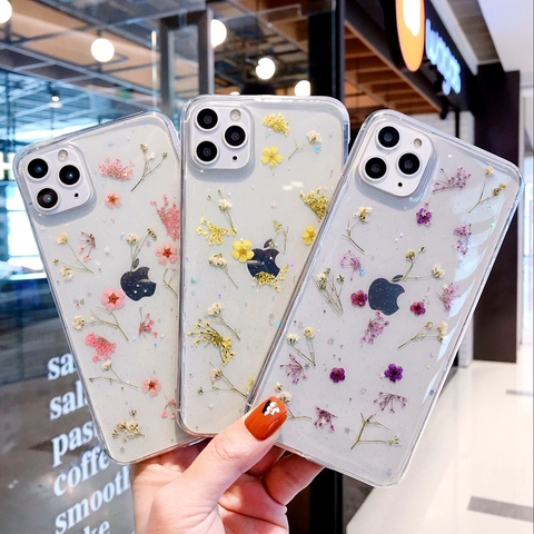 Funda transparente con flores secas para iphone, protector suave a prueba de golpes para iphone 11 12 mini Pro Max XS X XR 6 6S 7 8 plus SE 2022 ► Foto 1/6