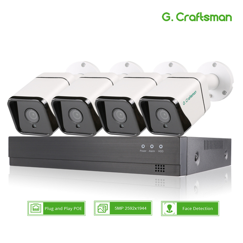 G.Craftsman-Sistema de cámara de video para seguridad, kit para CCTV de vigilancia con audio POE, IP, impermeable, técnica de compresión H.265, detección de rostro, resolución 5MP, app XMeye modelo XM, por 4 canales ► Foto 1/6