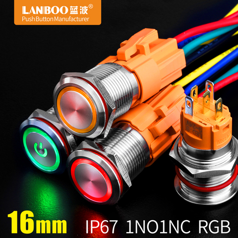 LANBOO 16mm interruptor de botón de Metal anillo de LED de doble LED 12V24V de auto-bloqueo momentáneo de enclavamiento IP67 impermeable ► Foto 1/6