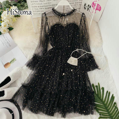 HISUMA primavera otoño nuevas mujeres estrella lentejuelas gasa flare manga encaje princesa vestido femenino elegante cuello redondo malla puff vestidos ► Foto 1/6