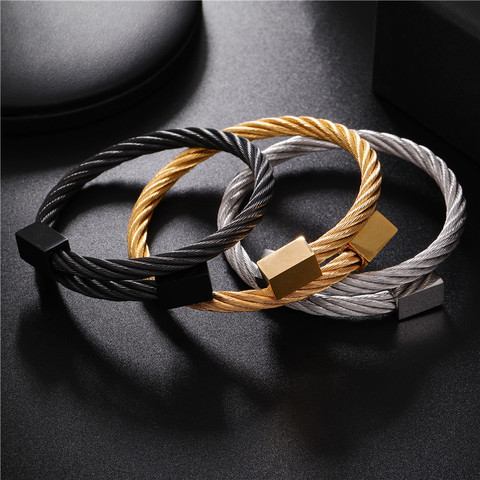 Pulsera clásica de acero inoxidable para hombre, brazalete con abalorio, chapado en oro, hecho a mano ► Foto 1/6