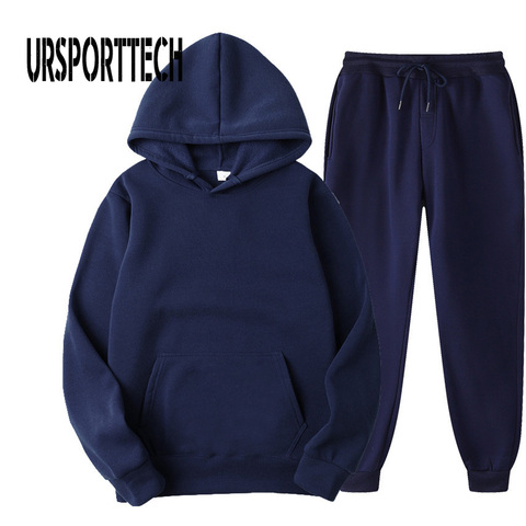 URSPORTTECH Color sólido chándal conjunto para hombre otoño nuevo casuales de los hombres sudaderas con capucha + Pantalones de dos piezas de moda Chándal conjunto de ropa deportiva hombre ► Foto 1/6