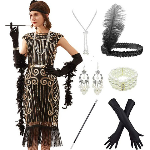 Gran Gatsby Ombre Vestido Halter cadena Metal negro 1920s flecos aleta Vestido de Charlestón traje de fiesta Sexy Bodycon Club Vestido ► Foto 1/1