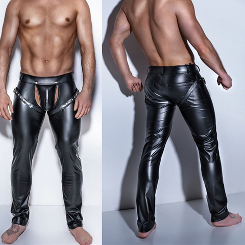 Pantalones con entrepierna abierta para hombre mallas de látex de cuero sintético, pantalones pitillo, Taniec Na Rurze, para discoteca, Leggings Sexy, aspecto húmedo, XXL ► Foto 1/5