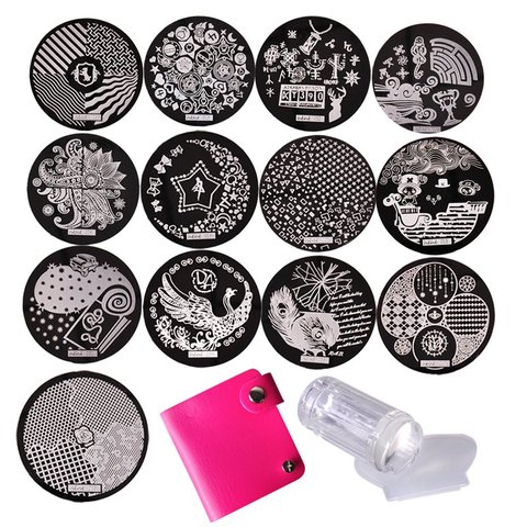 10 piezas de platos + claro silicona uñas Art Stamper raspador con tapa de plantilla de placas de imagen de uñas sello placa de herramienta ► Foto 1/6