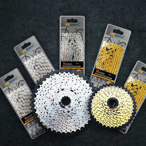 VG SPORTS-Cassette ultraligero de 9, 10 y 11 velocidades para bicicleta de montaña, piñón libre separado + cadena de bicicleta, juego medio hueco, dorado y plateado ► Foto 1/6