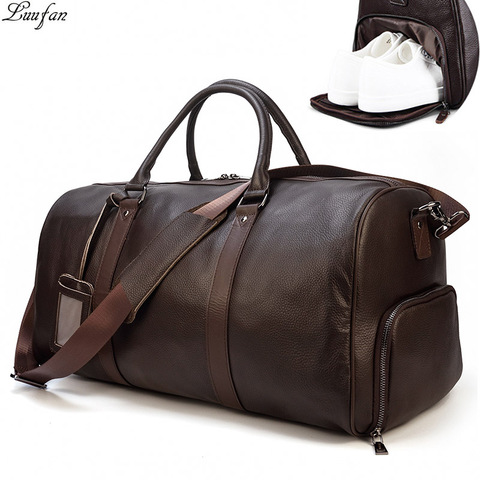 Bolsas de viaje de cuero genuino de gran capacidad para hombres y mujeres bolso de hombro de cuero negro suave para viajes ► Foto 1/6