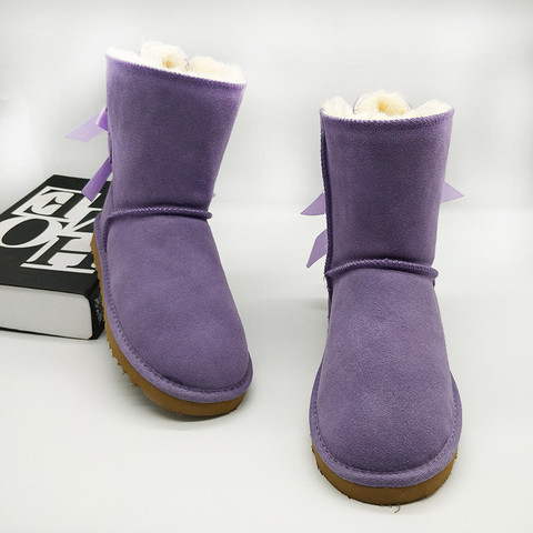 Botas de media caña de nieve de piel de vaca auténtica para mujer, botines de invierno impermeables, cálidas y gruesas de felpa con dos nudos, 2022 ► Foto 1/6