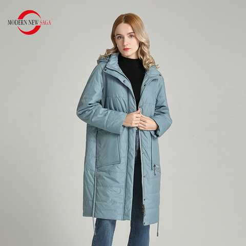 SAGA acolchada-Chaqueta de algodón con capucha para mujer, abrigo largo a prueba de viento con cremallera, ropa de talla grande para otoño y primavera ► Foto 1/6