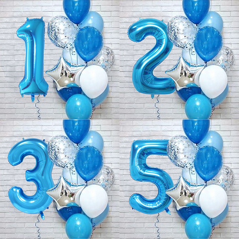 Globos de papel de aluminio azul y plateado para primer cumpleaños