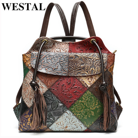 WESTAL Patchwork mochilas de cuero genuino mochilas escolares para adolescentes mochila de ordenador portátil bolso de hombro mochila escolar femenina ► Foto 1/6