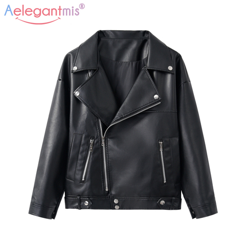 Aelegantmis-Chaqueta holgada de piel sintética para mujer, chaqueta clásica de motociclista, abrigo básico de talla grande para Otoño e Invierno ► Foto 1/6