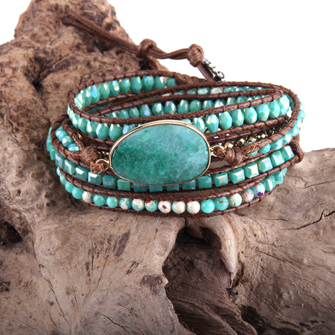 Brazalete de cuero de moda para mujer, brazalete verde con cuentas de 5 hebras y piedras naturales mezcladas ► Foto 1/6