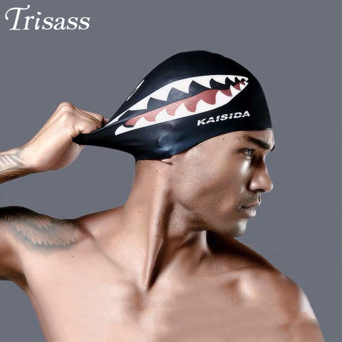 Trisass-gorro de baño elástico para hombre y mujer, gorro de natación con estampado de tiburón, resistente al agua, protección de orejas, pelo largo, suave, 2022 ► Foto 1/6