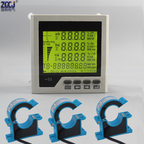Medidor multifunción LCD AC 100A 200A 300A 400A 500A 450V, 3 fases, factor de potencia de energía KWh A V, medidor de panel con RS485 ► Foto 1/6