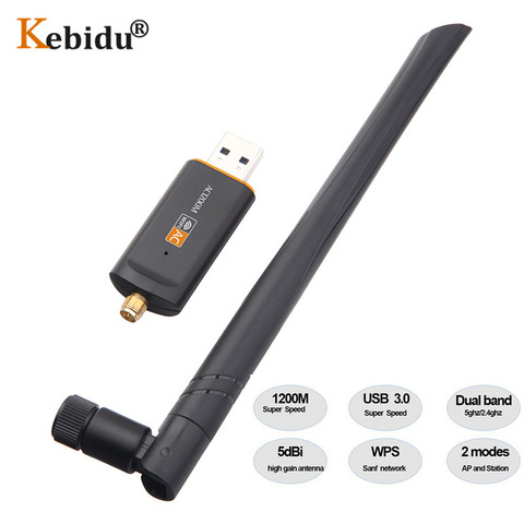 KEBIDU-adaptador Wifi inalámbrico para ordenador portátil y PC, tarjeta de red de banda Dual de 1200Mbps, USB 3,0, 2,4 Ghz/5Ghz, antena RTL8812 5dBi ► Foto 1/6