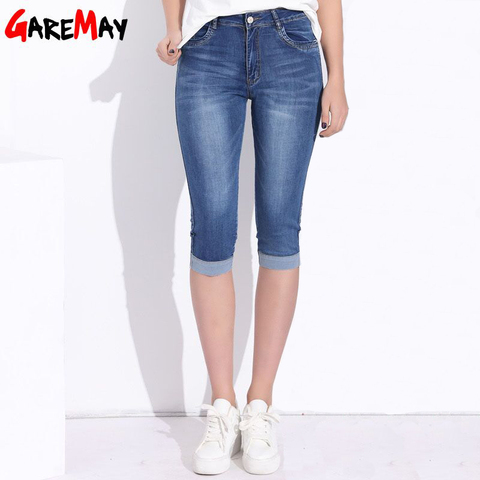 GAREMAY-Vaqueros Capri ajustados de talla grande para mujer, pantalones cortos de tela vaquera elásticos hasta la rodilla, de cintura alta, para verano ► Foto 1/6