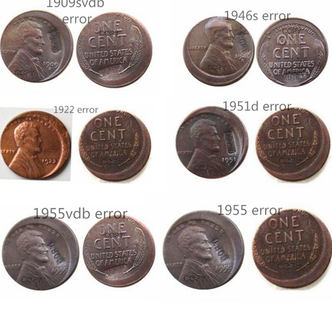 6 estilos diferentes nos trigo Penny Error-Centro Copia de cobre moneda ► Foto 1/6