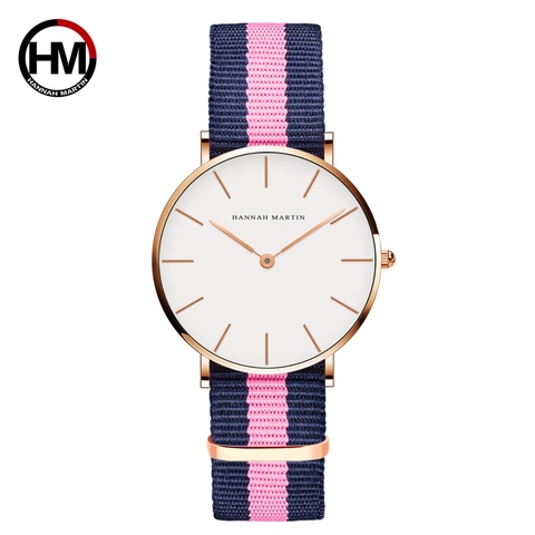 Reloj de pulsera clásico para mujer, correa de nailon, rosa, rojo y azul oscuro, movimiento de cuarzo japonés, informal, de tela fina, de lona ► Foto 1/6