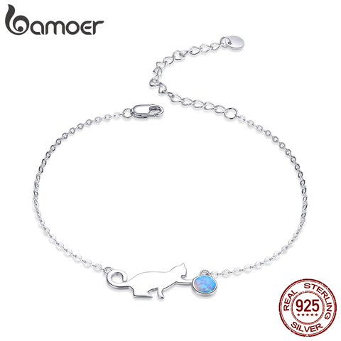 Bamoer-Pulsera de eslabones con gatito travieso de ópalo para mujer, de plata auténtica de ley 925, joyería de lujo para mujer ► Foto 1/6