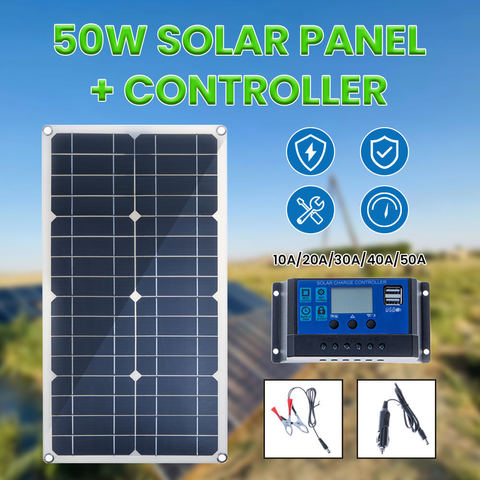 Panel solar de 50W con doble salida USB para coche o barco, panel de celdas solares, panel solar de polímero, controlador de 10/20/30/40/50A, para yate y coche, cargador de batería de 12V ► Foto 1/6