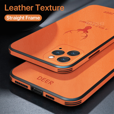 Funda de cuero con textura de lujo para iPhone, funda con marco cuadrado para iPhone 12 11 Pro Max Mini iPhone X XR XS Deer, protección de cámara a prueba de golpes ► Foto 1/6