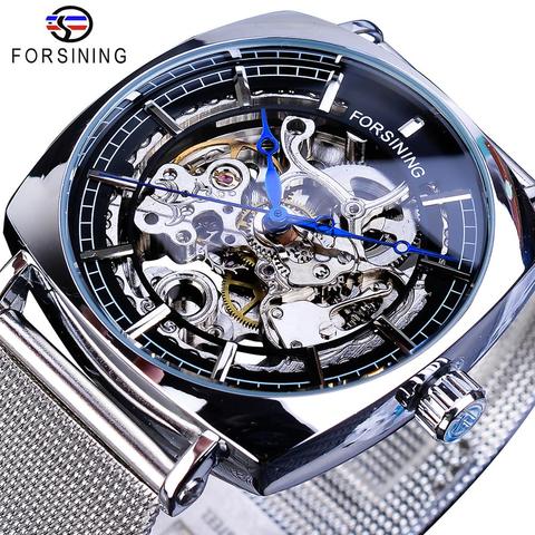 Forsining-reloj mecánico de moda para Hombre, pulsera de malla fina de acero, analógica, esqueleto automático, cuadrado, plateado, nuevo ► Foto 1/6