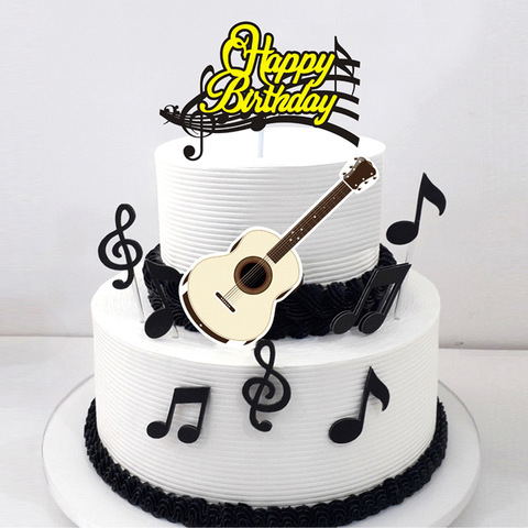 1set/nota Musical Feliz cumpleaños de Topper de la torta de bandera de papel guitarra bebé ducha cumpleaños decoración de fiesta para pasteles y tartas ► Foto 1/6