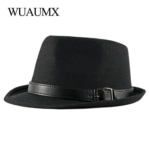 Wuaumx-sombreros de Jazz Retro para hombre de mediana edad, Gorra de fieltro para hombre, Sombrero de Panamá sólido, sombrero con lazo negro ► Foto 1/6