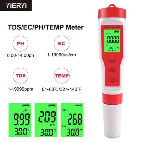 YIERYI 4 en 1 PH/TDS/EC/medidor de temperatura Monitor Digital de calidad del agua probador para piscinas, agua potable, acuarios ► Foto 1/6