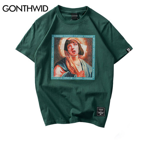 GONTHWID Virgin Mary camisetas de hombre 2022 divertidas camisetas de manga corta impresas de verano Hip Hop Casual camisetas de algodón Streetwear ► Foto 1/6